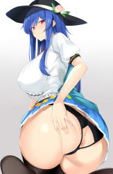 Rule 34 | 1girl, absurdres, anus, ass, ass cutout, ass grab, black hat, blouse, blue hair, blue skirt, blush, bow, bowtie, breasts, center frills, clothing cutout, food, frills, from behind, fruit, grabbing own ass, hat, highres, hinanawi tenshi, huge breasts, kneeling, leaf, long hair, looking at viewer, looking back, maruyaa (malya1006), panties, peach, puffy short sleeves, puffy sleeves, red bow, red eyes, shirt, short sleeves, skirt, solo, thighhighs, thighs, touhou, underwear, very long hair, white shirt