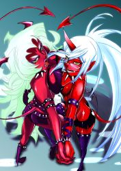 Rule 34 | 10s, blush, breast press, breasts, cleavage, colored skin, demon girl, glasses, highres, horns, kneesocks (psg), naughty face, panty &amp; stocking with garterbelt, pointy ears, red skin, scanty (psg), smile, symmetrical docking, tail