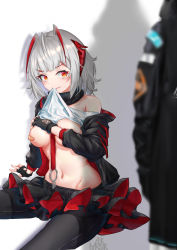 Rule 34 | 1girl, 1other, absurdres, ahoge, akimurasaki, arknights, bandaid, bandaids on nipples, bare shoulders, black gloves, black jacket, black pantyhose, black scarf, black skirt, blush, breasts, chinese commentary, commentary request, doctor (arknights), fingerless gloves, gloves, groin, highres, horns, jacket, long sleeves, looking at viewer, medium breasts, miniskirt, mouth hold, navel, off shoulder, open clothes, open jacket, pantyhose, pasties, pleated skirt, red eyes, scarf, shadow, shirt, short hair, silver hair, simple background, sitting, skirt, stomach, thighs, w (arknights), white background, white shirt
