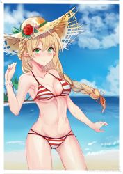 Rule 34 | 1girl, beach, bikini, blonde hair, blush, braid, breasts, cleavage, closed mouth, day, elf, flower, french braid, green eyes, hat, hat flower, highres, hzhc, long hair, looking at viewer, medium breasts, navel, ocean, original, outdoors, pointy ears, single braid, sky, smile, solo, standing, straw hat, striped bikini, striped clothes, swimsuit, very long hair