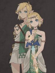 Rule 34 | 1boy, 1girl, archaic set (zelda), armlet, blonde hair, bracelet, braid, broken, broken sword, broken weapon, circlet, commentary, cowboy shot, dress, earrings, french braid, highres, holding, holding sword, holding weapon, jewelry, link, looking at viewer, magatama, magatama necklace, master sword, necklace, nintendo, noah (tettsui-sole), off-shoulder dress, off shoulder, pointy ears, princess zelda, prosthesis, prosthetic arm, short hair, shoulder tattoo, simple background, single off shoulder, sword, symbol-only commentary, tattoo, the legend of zelda, the legend of zelda: tears of the kingdom, triforce, triforce print, tunic, weapon, white background