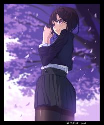 Rule 34 | 1girl, artist name, bad id, bad pixiv id, black pantyhose, blush, border, brown hair, camera, cherry blossoms, dated, garnet, highres, letterboxed, looking at viewer, looking back, open mouth, original, pantyhose, petals, pleated skirt, red eyes, school uniform, sketch, skirt, solo, thighband pantyhose, tree