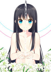 Rule 34 | 1girl, bekotarou, black hair, blue eyes, blush, breasts, cupping hands, flower, hair censor, highres, lily (flower), long hair, nude, original, own hands together, simple background, small breasts, smile, solo, upper body, water