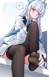 Rule 34 | 1girl, black pantyhose, blazer, blue archive, blue necktie, blunt bangs, clothes pull, coat, collared shirt, commentary request, finger to mouth, halo, headgear, heart, highres, index finger raised, jacket, knee up, long hair, long sleeves, looking at viewer, nakamura rohane, necktie, noa (blue archive), open clothes, open coat, pantyhose, pantyhose pull, pleated skirt, purple eyes, school uniform, shirt, sidelocks, sitting, skirt, smile, soles, solo, spoken heart, toes, white coat, white hair, white shirt