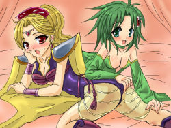 Rule 34 | 1990s (style), 2girls, ass, bed, blonde hair, blush, body blush, breasts, cape, cleavage, final fantasy, final fantasy iv, green eyes, green hair, hair ornament, leotard, long hair, multiple girls, oonishi koala, open mouth, red eyes, rosa farrell, rydia (ff4), shoulder pads, tiara
