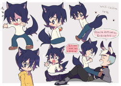 Rule 34 | 2boys, :t, animal ears, apple, bilingual, black hair, closed eyes, eating, english text, fang, food, fruit, grey eyes, hood, hoodie, keith (voltron), kemonomimi mode, lying, male focus, mixed-language text, miyata (lhr), multiple boys, on back, open mouth, rabbit ears, sitting, sitting on person, smile, sweat, tail, takashi shirogane, voltron: legendary defender, voltron (series), wolf ears, wolf tail