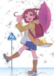 Rule 34 | 1girl, backpack, bag, blue skirt, blush, boots, brown hair, buttons, changaa, colored shoe soles, commentary, fang, floating hair, hands up, highres, holding, holding umbrella, hood, hooded jacket, hoshino hinata, jacket, leg up, looking at viewer, one side up, open mouth, pink umbrella, pleated skirt, randoseru, red bag, red eyes, rubber boots, shirt, short hair, sign, simple background, skirt, smile, socks, solo, splashing, standing, standing on liquid, umbrella, watashi ni tenshi ga maiorita!, water drop, white background, white shirt, white socks, yellow footwear, yellow raincoat