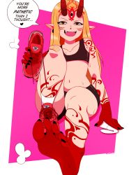 Rule 34 | 1girl, barefoot, fangs, fate/grand order, fate (series), feet, highres, horns, ibaraki douji (fate), long hair, looking at viewer, nonamoth, open mouth, pink background, pointy ears, sharp toenails, shoes, unworn shoes, smile, socks, soles, solo, speech bubble, text focus, toenails, toes, two-tone background, white background
