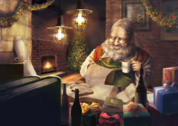 Rule 34 | 1boy, absurdres, apron, beard, blurry, book, bottle, box, brick wall, casual, ceiling light, christmas, christmas tree, commentary request, cup, depth of field, envelope, facial hair, fireplace, garland (decoration), gift, gift box, glasses, green apron, grey hair, highres, indoors, letter, light bulb, long sleeves, mug, mustache, open book, original, photo (object), reading, red vest, santa claus, santamaria ky94, scroll, smile, vest