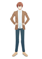 Rule 34 | &gt;:), 1boy, absurdres, alternate costume, brown hair, brown jacket, casual, closed mouth, collared shirt, commentary, denim, full body, hair between eyes, hands on own hips, highres, jacket, jeans, little busters!, long sleeves, looking at viewer, male focus, natsume kyousuke, natsuoto rito, open clothes, open jacket, pants, red eyes, shirt, short hair, simple background, smile, solo, standing, straight-on, tachi-e, tsurime, v-shaped eyebrows, white background, white shirt