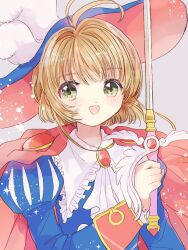 Rule 34 | 1girl, blush, brown hair, cape, cardcaptor sakura, green eyes, happy, hat, highres, holding, holding sword, holding weapon, kinomoto sakura, knho, looking at viewer, official alternate costume, open mouth, prince, red cape, solo, sword, weapon