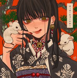 Rule 34 | 1girl, 2020, :q, animal, animal on hand, animal on shoulder, animal print, bell, bell earrings, black choker, black hair, black kimono, blunt bangs, branch, chinese zodiac, choker, commentary request, constricted pupils, earrings, fang, fish print, hand up, japanese clothes, jewelry, jingle bell, jingle bell earrings, kagoya1219, kimono, licking lips, long hair, looking at viewer, mouse (animal), nail polish, neck bell, nengajou, new year, obi, obiage, obijime, original, partial commentary, print kimono, purple sash, red background, red nails, sash, signature, slit pupils, smile, solo, tongue, tongue out, translated, upper body, year of the rat, yellow eyes