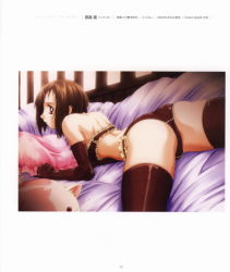 Rule 34 | 1girl, arched back, ass, back, bed, bra, brown eyes, brown hair, gloves, hair ornament, hairclip, highres, lace, lace-trimmed bra, lace-trimmed panties, lace trim, lingerie, looking back, lying, panties, pillow, short hair, solo, spread legs, tajima nao, thighhighs, underwear, underwear only
