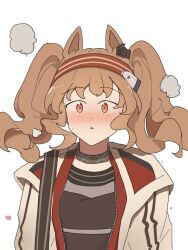 Rule 34 | 1girl, angelina (arknights), animal ear fluff, animal ears, arknights, black shirt, blush, brown hair, commentary request, elysiium, hairband, highres, jacket, long hair, nose blush, open clothes, open jacket, parted lips, red eyes, red hairband, shirt, simple background, solo, striped clothes, striped hairband, sweat, twintails, upper body, white background, white jacket
