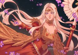 1girl breasts caffeekat cleavage dress edelgard_von_hresvelg edelgard_von_hresvelg_(adorned_eagle) feather_shawl feathers fire_emblem fire_emblem:_three_houses fire_emblem_heroes flower gold_trim nintendo off-shoulder_dress off_shoulder official_alternate_costume parted_lips purple_eyes red_dress scepter solo strapless strapless_dress tiara two-headed_eagle white_hair