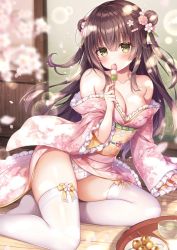 Rule 34 | 1girl, black hair, blurry, blurry foreground, blush, breasts, brown eyes, cleavage, commentary request, cup, dango, depth of field, double bun, feet out of frame, floral print, flower, food, frilled kimono, frilled panties, frilled sleeves, frills, hair between eyes, hair bun, hair flower, hair ornament, hand up, holding, holding food, japanese clothes, kimono, long hair, long sleeves, looking at viewer, medium breasts, mitsuba choco, nail polish, no shoes, obi, off shoulder, original, panties, parted lips, pink flower, pink kimono, pink nails, print kimono, sanshoku dango, sash, sleeves past wrists, solo, thighhighs, tray, underwear, very long hair, wagashi, white flower, white panties, white thighhighs, wide sleeves