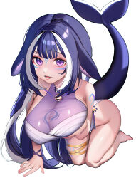 Rule 34 | absurdres, ahoge, animal ears, bell, belt collar, black hair, blue collar, body markings, breasts, cetacean tail, cleavage, collar, facial mark, fins, fish tail, grabbing, grabbing another&#039;s breast, grabbing own breast, heart, heart ahoge, highres, indie virtual youtuber, jingle bell, large breasts, long hair, looking at viewer, multicolored hair, one-piece swimsuit, open mouth, orca girl, prim (prim 0104), purple eyes, see-through, see-through cleavage, shylily, shylily (3rd costume), simple background, smile, solo, streaked hair, swimsuit, tail, thigh strap, virtual youtuber, white background, white hair, white one-piece swimsuit