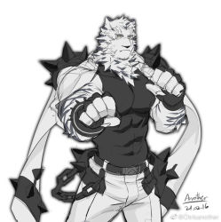 Rule 34 | 1boy, animal ears, arknights, bara, black tank top, bulge, chain, chrisanother, clenched hands, coat, coat on shoulders, covered abs, cowboy shot, furry, furry male, large pectorals, looking at viewer, male focus, mountain (arknights), muscular, muscular male, pants, pectorals, scar, scar across eye, scar on face, shirt, short hair, shoulder spikes, sidepec, solo, spikes, tank top, taut clothes, taut shirt, tiger boy, tiger ears, white fur, white hair, white pants