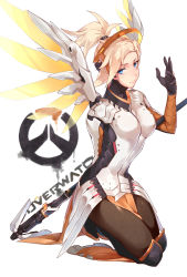 Rule 34 | 1girl, absurdres, arm behind back, armor, black footwear, black gloves, blonde hair, blue eyes, bodysuit, bokyo, boots, breasts, brown pantyhose, copyright name, emblem, faulds, full body, gloves, greaves, gun, hair ornament, hair tie, halo, hand up, headgear, high ponytail, highres, holding, holding gun, holding staff, holding weapon, knee boots, knee pads, kneeling, logo, loincloth, long sleeves, looking at viewer, mechanical halo, mechanical wings, medium breasts, mercy (overwatch), overwatch, overwatch 1, pantyhose, pelvic curtain, ponytail, print pantyhose, simple background, single wing, solo, staff, weapon, white background, wings, yellow wings