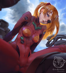 Rule 34 | 10s, 1girl, arm support, artist name, blue eyes, blue skirt, blue sky, blurry, bodysuit, breasts, cloud, cockpit, cowboy shot, crotch, day, depth of field, dutch angle, evangelion: 3.0 you can (not) redo, eyepatch, foreshortening, freckles, head tilt, headgear, highres, hip focus, lips, looking at viewer, looking down, neon genesis evangelion, nose, orange hair, parted bangs, parted lips, pilot suit, plugsuit, realistic, rebuild of evangelion, sitting, skin tight, skirt, sky, small breasts, solo, souryuu asuka langley, spread legs, tape, teemu taiga, turtleneck, twitter username, two side up