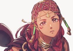 Rule 34 | 1girl, aduti momoyama, braid, eyeliner, facial mark, fire emblem, fire emblem: three houses, fire emblem warriors: three hopes, grey eyes, highres, jewelry, long hair, looking at viewer, makeup, neck ring, nintendo, petra macneary, purple eyeliner, simple background, solo, tassel, twin braids, upper body, white background
