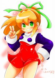 Rule 34 | 1girl, android, blonde hair, blush, breasts, capcom, commentary request, dress, green eyes, hair between eyes, hair ribbon, hand gesture, hand on own hip, high ponytail, highres, long hair, looking at viewer, mega man (classic), mega man (series), orangehamu, ponytail, ribbon, roll (mega man), short dress, sidelocks, simple background, small breasts, smile, solo, v