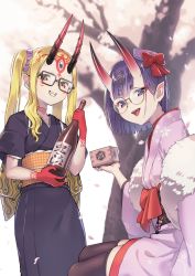 Rule 34 | 2girls, :d, absurdres, alcohol, bespectacled, black-framed eyewear, black kimono, black legwear, blonde hair, bottle, bow, brown eyes, commentary request, facial mark, fangs, fate/grand order, fate (series), floral print, fur trim, glasses, grin, hair ornament, hair scrunchie, hat, highres, holding, holding bottle, horns, ibaraki douji (dress for demons) (fate), ibaraki douji (fate), japanese clothes, kimono, long hair, long sleeves, looking at viewer, masu, mini hat, multiple girls, oni, open mouth, outdoors, petals, pink hat, pink kimono, pointy ears, print kimono, purple eyes, purple hair, purple scrunchie, red bow, round eyewear, sake, sake bottle, saruchitan, scrunchie, short hair, short kimono, shuten douji (dress for demons) (fate), shuten douji (fate), sidelocks, sitting, skin-covered horns, smile, standing, thick eyebrows, thighhighs, tree, twintails, wide sleeves