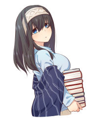 Rule 34 | 1girl, bad id, bad pixiv id, black hair, blue eyes, blue shirt, blush, book, book stack, breast rest, breasts, carried breast rest, carrying, cropped torso, grey hairband, hair between eyes, hairband, holding, holding book, idolmaster, idolmaster cinderella girls, long hair, long sleeves, looking at viewer, looking to the side, medium breasts, parted lips, sagisawa fumika, shawl, shirt, simple background, sleeves past wrists, solo, uccow, white background