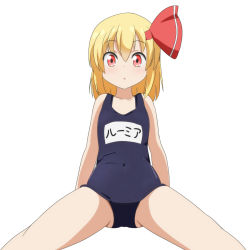 Rule 34 | 1girl, bare arms, bare shoulders, blonde hair, blue one-piece swimsuit, cato (monocatienus), commentary request, covered navel, flat chest, gluteal fold, hair between eyes, hair ribbon, highres, looking away, medium hair, name tag, one-piece swimsuit, parted lips, red eyes, red ribbon, ribbon, rumia, school swimsuit, simple background, solo, swimsuit, touhou, white background