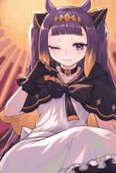 Rule 34 | 1girl, ;), absurdres, alternate hairstyle, animal ears, black capelet, blue eyes, blunt bangs, capelet, closed mouth, commentary, dress, gradient hair, headpiece, highres, hololive, hololive english, kiwwwwwi, long hair, looking at viewer, multicolored hair, ninomae ina&#039;nis, one eye closed, orange hair, purple hair, sidelocks, smile, solo, straight hair, tentacle hair, twintails, very long hair, virtual youtuber, white dress