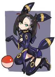 Rule 34 | 1girl, animal ears, black hair, cleavage cutout, clothing cutout, commentary request, cosplay, creatures (company), dakusuta, full body, game freak, gen 2 pokemon, gloves, green eyes, hair ribbon, highres, kneeling, latex, long hair, looking at viewer, marnie (pokemon), nintendo, poke ball, poke ball (basic), pokemon, pokemon swsh, purple background, red ribbon, ribbon, tail, twintails, two-tone background, umbreon, umbreon (cosplay), undercut, white background