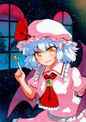 Rule 34 | 1girl, bad id, bad pixiv id, blue hair, collar, dress, eyes visible through hair, gem, hair between eyes, hand up, hat, jewelry, looking at viewer, multicolored eyes, night, night sky, open mouth, orange eyes, pink collar, pink dress, pink hat, pink sleeves, qqqrinkappp, red neckwear, red ribbon, remilia scarlet, ribbon, short hair, short sleeves, sky, smile, solo, touhou, traditional media, window, wings, yellow eyes