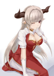 Rule 34 | 10s, 1girl, ;), aizawa masaya, alicia (granblue fantasy), arm support, bad id, bad pixiv id, blunt bangs, bow, breasts, cleavage, closed mouth, clothing cutout, draph, dress, earrings, eyebrows, eyelashes, finger to mouth, frilled sleeves, frills, gloves, granblue fantasy, hair intakes, highres, horns, index finger raised, jewelry, lace, lace-trimmed gloves, lace trim, large breasts, long hair, looking at viewer, one eye closed, pointy ears, puffy short sleeves, puffy sleeves, red bow, red dress, red eyes, short sleeves, shushing, side slit, silver hair, sitting, smile, solo, underboob, underboob cutout, white background, white gloves