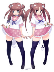 Rule 34 | 2girls, :3, :d, animal ears, animification, armlet, artist name, bell, black eyes, black footwear, black legwear, black ribbon, blue neckerchief, blush, bracelet, breasts, brown hair, cat ears, cat tail, charattha imraporn, cleavage, clothes lift, collar, collarbone, dated, double bun, fingers together, frilled skirt, frills, full body, gradient hair, hair bun, jewelry, jingle bell, kemonomimi mode, legs, legs apart, loafers, long hair, miniskirt, multicolored hair, multiple girls, neck bell, neckerchief, neko jump, open mouth, parted bangs, pink skirt, pinky out, plaid, plaid skirt, quad tails, real life, ribbon, school uniform, scrunchie, serafuku, shirt, shoes, short sleeves, signature, simple background, skirt, skirt hold, skirt lift, sleeve cuffs, small breasts, smile, standing, symmetry, tail, tail ornament, tail ribbon, thighhighs, two side up, waruttha imraporn, white background, white shirt, yoshizaki mine, zettai ryouiki