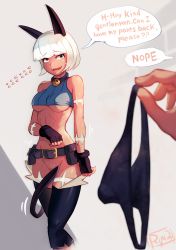 Rule 34 | 1girl, 2021, abs, animal ears, bare shoulders, belt, belt buckle, belt pouch, black panties, blue eyes, blush, bob cut, bottomless, breasts, buckle, cat girl, claws, clothes theft, collar, covering crotch, covering privates, crop top, detached leggings, embarrassed, english text, fangs, female pubic hair, fingerless gloves, gloves, highres, ms. fortune (skullgirls), navel, neck bell, open mouth, panties, pointy ears, pouch, pov, pubic hair, ryuji (red-truth), scar, short hair, skullgirls, sleeveless, sleeveless turtleneck, solo focus, speech bubble, theft, thong, turtleneck, underboob, underwear, underwear theft, unworn panties, white hair