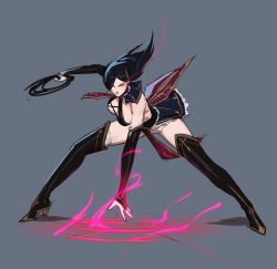 Rule 34 | 1girl, bare shoulders, black footwear, black hair, boots, breasts, commentary, detached sleeves, english commentary, fighting stance, full body, glowing, glowing eyes, high heel boots, high heels, highres, legs apart, long hair, looking at viewer, medium breasts, original, pelvic curtain, red eyes, simple background, sketch, solo, tarakanovich, thigh boots, whip