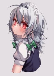 Rule 34 | 1girl, absurdres, blue vest, blush, bow, braid, closed mouth, commentary, cropped torso, expressionless, from side, green bow, grey background, grey hair, hair bow, hair intakes, highres, izayoi sakuya, looking at viewer, maid headdress, puffy short sleeves, puffy sleeves, red eyes, shianebulae, shirt, short hair, short sleeves, simple background, solo, touhou, twin braids, vest, white shirt