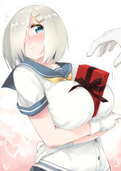 Rule 34 | 1girl, absurdres, artist name, blue eyes, blue sailor collar, blush, box, breasts, buttons, collarbone, commentary request, female focus, flying sweatdrops, gift, gift box, gloves, gradient background, hair ornament, hair over one eye, hairclip, hamakaze (kancolle), highres, kantai collection, large breasts, motion lines, neckerchief, ryuki (ryukisukune), sailor collar, school uniform, serafuku, short hair, short sleeves, silver hair, solo focus, standing, sweat, upper body, valentine, white background, white gloves, yellow neckerchief