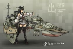 Rule 34 | 1girl, artist name, black hair, cannon, character name, female focus, full body, highres, izumo (battleship), long hair, mecha musume, nontraditional miko, personification, solo, standing, tealguardian, tealguardianart, turret, twitter username, world of warships