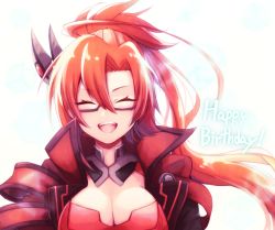 Rule 34 | 1girl, breasts, cleavage, closed eyes, coat, floating hair, glasses, hair ornament, happy birthday, izumori (yukiasxm), labyrista, large breasts, ponytail, princess connect!, red coat, red hair, simple background, smile, solo, upper body, white background