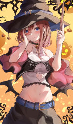 Rule 34 | 1girl, absurdres, arm up, bat wings, belt, black choker, black headwear, black skirt, blue belt, blue eyes, blush, breasts, choker, closed mouth, clothing cutout, crop top, detached sleeves, fake wings, go-toubun no hanayome, hair between eyes, halloween, hand on own cheek, hand on own face, hat, heart cutout, highres, holding, holding wand, large breasts, long hair, low wings, nakano miku, navel, pumpkin, raikun raikun, red hair, shirt, skirt, sleeveless, sleeveless shirt, smile, stomach, wand, white shirt, wings, witch hat