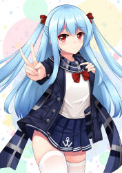 Rule 34 | 1girl, alternate costume, anchor symbol, blue hair, blue jacket, blue skirt, blush, bow, bowtie, buttons, closed mouth, cowboy shot, fengli, fubuki (warship girls r), hair over shoulder, hair ribbon, hand on own chest, highres, jacket, light blush, long hair, multicolored clothes, multicolored scarf, open clothes, open jacket, outstretched arm, pleated skirt, red bow, red bowtie, red eyes, ribbon, scarf, school uniform, shirt, sidelocks, simple background, skirt, smile, solo, standing, thighhighs, v, very long hair, warship girls r, white shirt, white thighhighs, zettai ryouiki