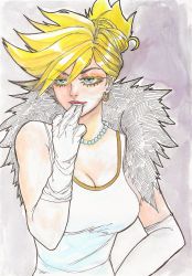 Rule 34 | 1girl, absurdres, artist request, asymmetrical hair, biting, blonde hair, blue eyes, breasts, cleavage, drawfag, dress, earrings, elbow gloves, eyelashes, feather boa, finger biting, gloves, hair up, highres, jewelry, lipstick, makeup, necklace, panty &amp; stocking with garterbelt, panty (psg), solo, traditional media, upper body, white dress, white gloves