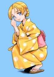 Rule 34 | absurdres, blue background, blue eyes, braid, girls und panzer, hair ribbon, highres, japanese clothes, kimono, kuppipi ramutarou, looking at viewer, orange hair, orange pekoe (girls und panzer), own hands together, parted bangs, ribbon, simple background, slippers, smile, solo, squatting, yukata