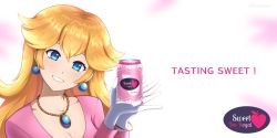 Rule 34 | 1girl, ad, bangle, blonde hair, blue eyes, bracelet, breasts, can, cleavage, collarbone, drink, earrings, english text, food, fruit, gloves, grin, hands up, head tilt, heart, heart print, highres, holding, holding can, jewelry, lips, long hair, long sleeves, looking at viewer, mario (series), nintendo, peach, peach print, pendant, phiphi-au-thon, pink background, pink shirt, princess peach, pun, shirt, smile, solo, super mario bros. 1, tea, teeth, twitter username, white background, white gloves
