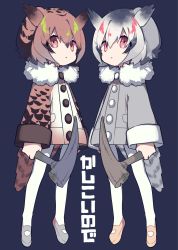 Rule 34 | 10s, 2girls, :|, alternate eye color, alternate hair length, alternate hairstyle, blue background, brown coat, brown hair, buttons, closed mouth, coat, collar, eurasian eagle owl (kemono friends), expressionless, eyelashes, full body, fur collar, gradient hair, green hair, grey coat, grey footwear, grey hair, hair between eyes, head wings, highres, kemono friends, long sleeves, looking at viewer, mary janes, mochizuki kei, multicolored coat, multicolored hair, multiple girls, no nose, northern white-faced owl (kemono friends), pantyhose, pickaxe, pink eyes, pink hair, pocket, shoes, short hair, simple background, sleeve cuffs, tail, tareme, white coat, white hair, white legwear, wings, yamada kei