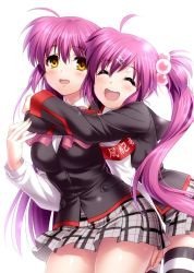 Rule 34 | 2girls, armband, bow, closed eyes, commentary request, cowboy shot, futaki kanata, grey skirt, hair bobbles, hair ornament, half updo, hug, hug from behind, little busters!, multiple girls, open mouth, pink bow, plaid, plaid skirt, pleated skirt, purple hair, saigusa haruka, school uniform, siblings, side ponytail, simple background, sisters, skirt, striped clothes, striped legwear, striped thighhighs, thighhighs, white background, yellow eyes, zen