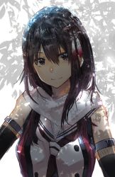 Rule 34 | 10s, 1girl, black eyes, black hair, black neckerchief, breasts, buttons, closed mouth, elbow gloves, gloves, hair between eyes, hair down, hair ornament, kantai collection, long hair, looking at viewer, neckerchief, rinto (rint rnt), scarf, school uniform, sendai (kancolle), sendai kai ni (kancolle), shaded face, sleeveless, solo, upper body, white scarf