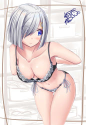 Rule 34 | 1girl, alternate costume, arms behind back, ayakase hotaru, black bra, black panties, blue eyes, blush, bra, breasts, collarbone, commentary request, closed eyes, eyes visible through hair, gluteal fold, hair ornament, hair over one eye, hairclip, hamakaze (kancolle), highres, kantai collection, leaning forward, looking back, medium breasts, navel, panties, short hair, side-tie bottom, side-tie panties, signature, silver hair, solo, standing, thigh gap, underwear, underwear only, unfinished, sketch background