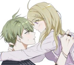 Rule 34 | 1boy, 1girl, ahoge, akamatsu kaede, amami rantaro, arms around neck, backpack, bad id, bad twitter id, bag, blonde hair, blush, breasts, danganronpa (series), danganronpa v3: killing harmony, ear piercing, earrings, eye contact, fortissimo, from side, gatobau, green eyes, green hair, grey background, hair ornament, hairclip, hand up, hands up, hetero, highres, jewelry, long hair, long sleeves, looking at another, medium breasts, musical note, musical note hair ornament, parted lips, piercing, pink eyes, pink sweater vest, profile, randoseru, ring, shirt, short hair, simple background, smile, striped clothes, striped shirt, sweatdrop, sweater vest, thumb ring, white shirt